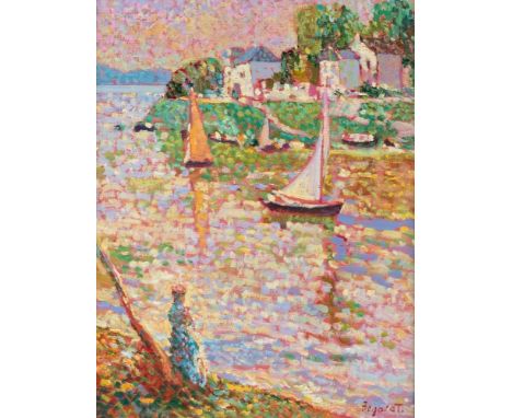   EUGÈNE BEGARAT  1943 Nizza    SEGELBOOTE VOR EINER KÜSTENLANDSCHAFT     Öl auf Leinwand. 35,5 x 27,5 cm (R. 53 x 44,5 cm). 