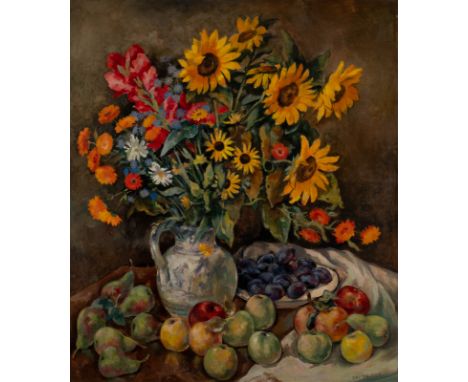   OTTO SCHUBERT  1892 Dresden - 1970 ebenda    STILLLEBEN MIT FELDBLUMEN UND OBST     Öl auf Leinwand. 110,5 x 96 cm (R. 113 