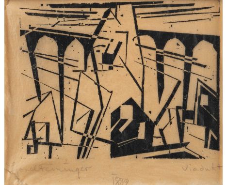   LYONEL FEININGER  1871 New York - 1956 ebenda    'VIADUKT'     Holzschnitt auf Seidenpapier, auf Karton befestigt. DM 9,4 x