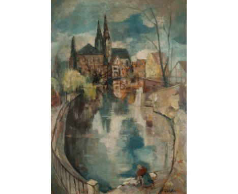  WALTER SCHÖTTLER  1904 Schwerte - 1978 Köln    AM GROSSEN TEICH, SOEST     Öl auf Hartfaserplatte. 88,5 x 63 cm (R. 101 x 7