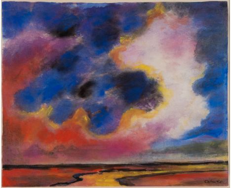   PETER CALMÉS  1900 Duisburg - 1968 ebenda    LANDSCHAFT     Gouache auf Japanpapier. BM 49 x 60 cm (R. 71 x 81,5 cm). Unten