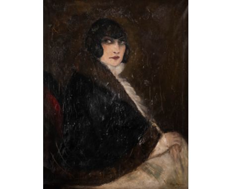   HAN VAN MEEGEREN  1889 Deventer - 1947 Amsterdam    PORTRAIT EINER DAME IM PELZMANTEL     Öl auf Leinwand. 95 x 74,5 cm (R.