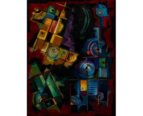   HANNS LAMERS  1897 Kleve - 1966 ebenda    'MOND UND SONNEN' (1963)     Hinterglasbild. 39 x 30,5 cm (R. 42 x 34 cm). Unten 