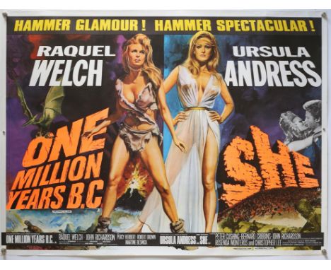 One Million Years B.C./She (1966) British Quad Double Bill film poster, artwork by Tom Chantrell, starring Raquel Welch & Urs