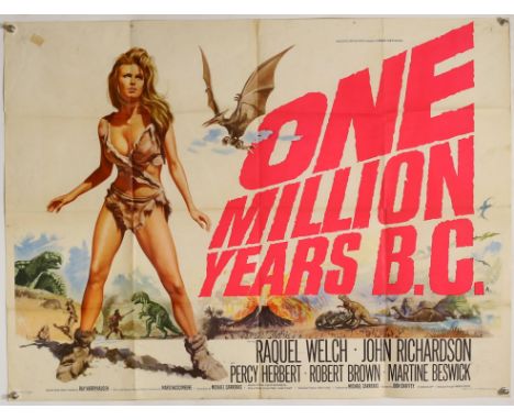 One Million Years B.C. (1966) British Quad film poster, artwork by Tom Chantrell, Hammer Films Production, folded, 30 x 40 in