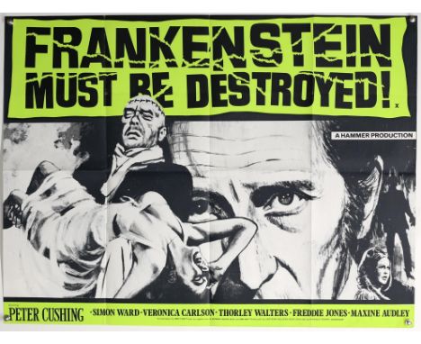 Frankenstein Must Be Destroyed (1970s) British Quad re-release film poster, artwork by Tom Chantrell, starring Peter Cushing 