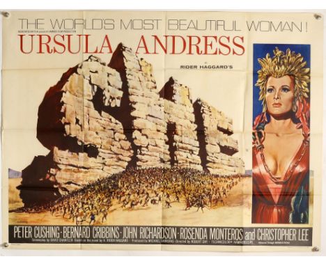 She (1965) British Quad film poster, Hammer Film Production starring Ursula Andress, Peter Cushing and Christopher Lee, folde
