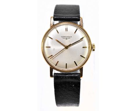 LONGINES; a gentleman's vintage 9ct yellow gold wristwatch with baton markers, diameter 34mm.Condition Report: Replaced brace