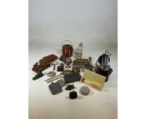 A collection of small wood and metalware to include brass easel, spirit flasks Guinness stand and other unusual and interesti