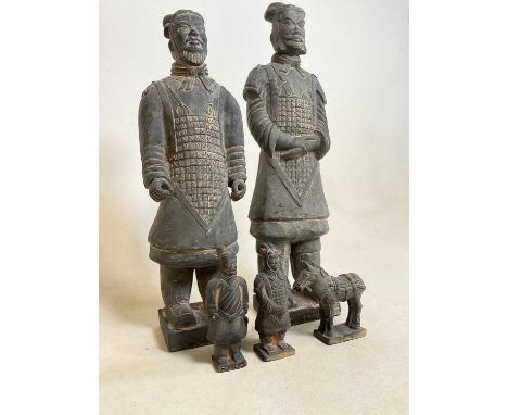 A pair of contemporary figures inspired by the Chinese Terracotta Army, height 43cm, and three similar smaller figures, heigh