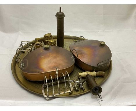 A group of metalware including a Joseph Rodgers &amp; Sons Sheffield bronze barrelled ratchet action corkscrew with bone hand