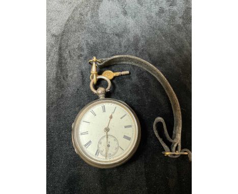 Four silver open face pocket watches with Roman numerals to the white enamel dial, a base metal example, a gold plated wristw
