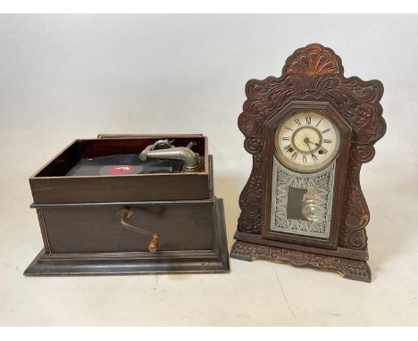 A gramophone (for restoration), and an Ansonia gingerbread mantel clock (2).