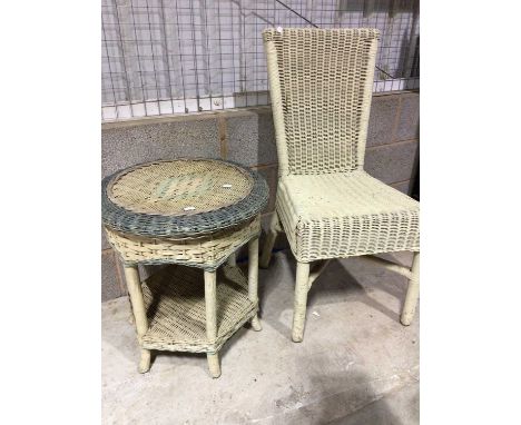 A vintage wicker chair and a wicker two tiered occasional table (2) 
