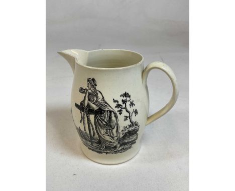 A late 18th century creamware jug decorated with a maritime scene to one side and with 'come box the compass' to the reverse,