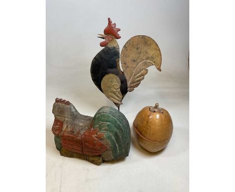 A naively constructed and painted model of a cockerel, and a carved wooden figure of a chicken and a gourd (3).