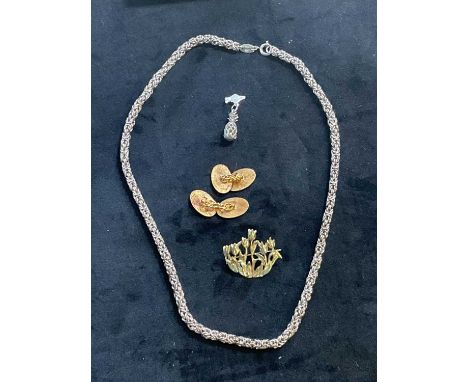 A pair of silver gilt and blue enamel cufflinks, a silver chain (49.6g), a pineapple charm, and a decorative brooch (4)