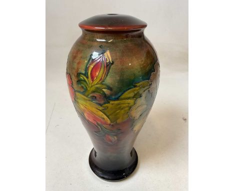 MOORCROFT; a large early flambe floral decorated baluster table lamp, signed to base with original paper label, height 33.5cm