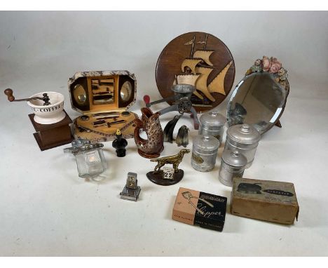 A group of collectors' items including four French storage jars, mincer, coffee grinder, etc.