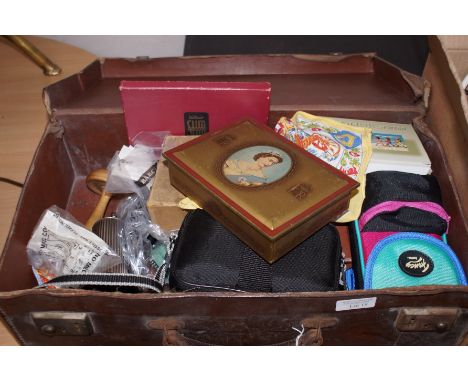 Vintage Leather Case and Contents to include Coronation Handkerchiefs 