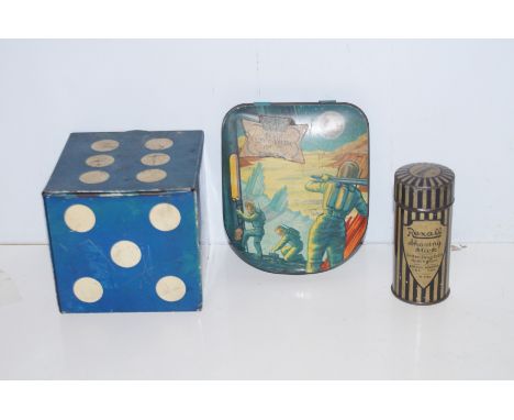 Sharps Vintage Spaceman Tin together with a Hollands Toffee Dice Tin and a Raxall Products Tin