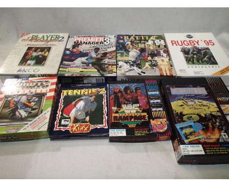 Eight Amiga games, including football, rugby, tennis etc. UK P&amp;P Group 2 (£20+VAT for the first lot and £4+VAT for subseq