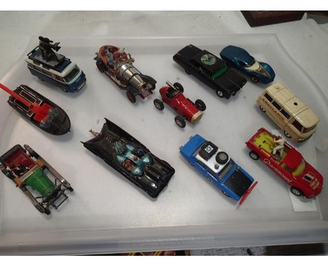 Ten Corgi Toys, including Batmobile, Green Hornet, Chitty etc, plus Schuco Micro Racer, mostly good condition. UK P&amp;P Gro