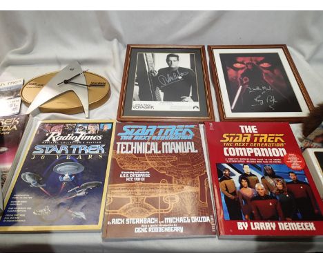 Selection of Star Trek related items including Wesco Star Date clock, two framed/signed pictures, books including encyclopedi