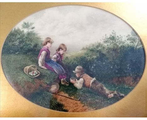 1888 Mabel Tapp(?) painted ceramic plaque 'The Birds nest' after Myles Birket Foster (1825–99) ~ with original exhibition lab