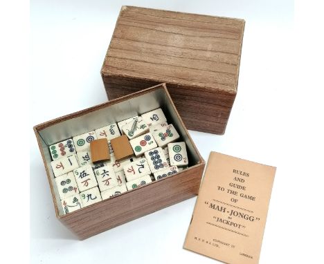 Boxed Mahjong set in bamboo and bone with original booklet - box 18cm x 12.5cm x 12cm deep 