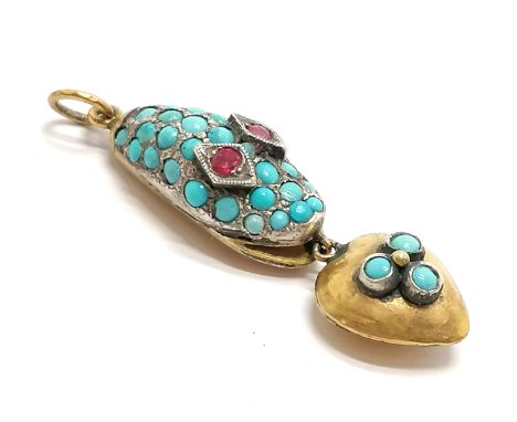 Antique unmarked gold and silver snake head pendant with heart drop detail set with ruby &amp; turquoise - 3.5cm drop &amp; 5