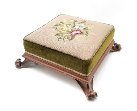 Antique mahogany framed upholstered footstool with scroll feet &amp; floral tapestry top - top 36cm square x 18cm high ~ 1 fo
