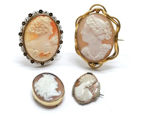 4 x antique hand carved cameo shell portrait brooches - largest gilt metal mounted 5.5cm drop ~ no obvious damage 