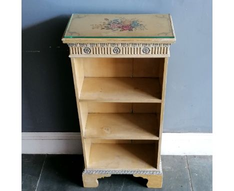 Edwardian painted small shelf with hand painted floral decoration to the top, has later glass top - L46cm x D24cm x H95cm 