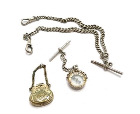 Antique silver hallmarked albert chain (34cm) t/w silver compass fob &amp; novelty gilt purse In memorium locket pendant (a/f