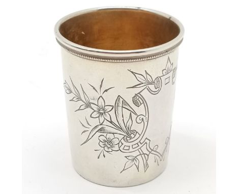 Russian silver (84 zolotniki=875 silver) vodka drinks tot with engraved detail to front &amp; lemon gilding to interior - 5.5