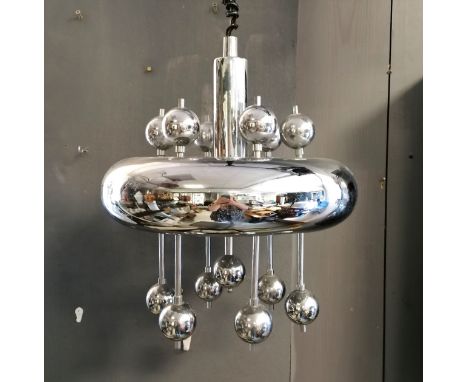 Mid Century chrome sputnik ceiling light 90cm drop x 40cm diameter - has some old blue paint and the chrome needs polishing 