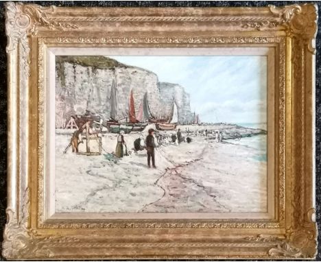 N R Whitby original oil painting on panel of a coastal scene - gilt frame 45cm x 56cm 
