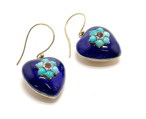 Antique unmarked gold and silver pair of blue enamel heart shaped earrings set with ruby &amp; turquoise on later wires - tot