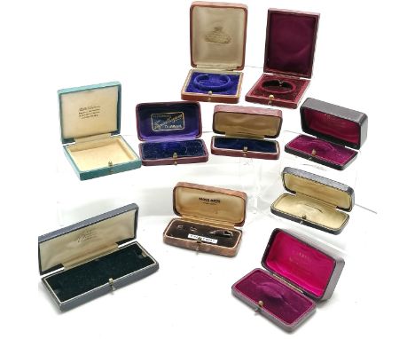 10 x antique jewellery / watch boxes inc Ferguson (Durban), Moss Bros (Covent Garden), R C Amey (Ludgate Hill) etc