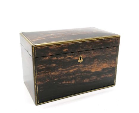 Antique coromandel tea caddy with brass banded edges and detailing 18cm x 10cm x 12 cm high - in overall good used condition 