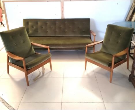 Mid century Ercol 3 seater bed settee and 2 matching chairs upholstered in green, sofa 200cm long x 84cm deep x 74cm high 