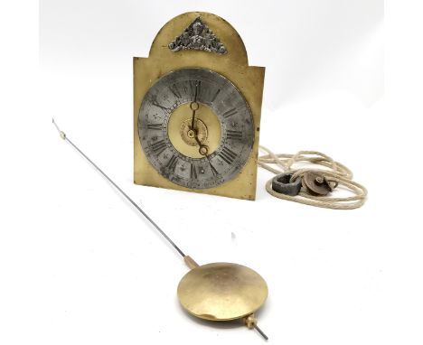 Antique wall alarm clock with brass and pewter detail to dial and has bell strike mechanism with pendulum - 26.5cm x 19.5cm 