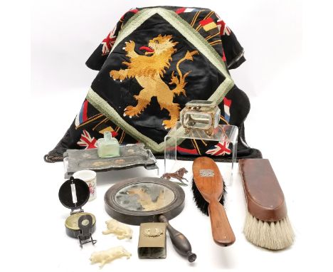 Antique commemorative silk cushion cover with lion / flag detail (50cm square), engineer directional compass, antique mirror,