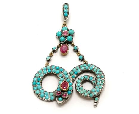 Antique unmarked gold and silver coiled snake pendant set with ruby &amp; turquoise - 6cm drop x 3.5cm across &amp; total wei