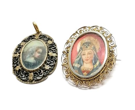 2 x silver gilt filigree mounted portrait miniature pendants (1 with brooch fittings - 3.2cm drop) ~ total weight (2) 10g 