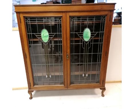 Art Nouveau oak 2 door lead light glazed bookcase with adjustable shelves 161cm high x 143cm wide x 33cm deep - in good used 