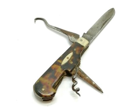 Antique penknife with buttonhook, spike &amp; (wonky) corkscrew - 9.2cm long opened out 