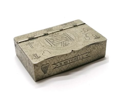 Masonic nickel folk art engraved snuff box with hinged lid - 5.5cm x 4cm x 1.4cm 