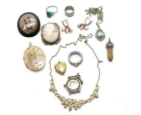 Qty of jewellery inc antique, rolled gold oval locket pendant (5cm), 3 silver rings, ruby (?) set elephant earrings etc 